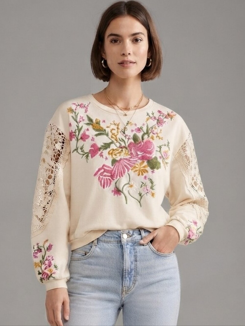 Anthropologie Floral Embroidered Sweatshirt Crochet Sleeves Boho Cream Size L